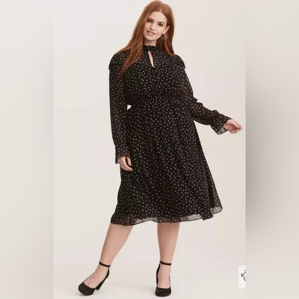 Torrid Star Chiffon High Collar Long Ruffle Sheer Sleeves Lined Midi Dress 2X